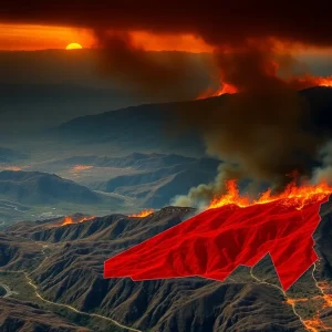 An expansive view of fire hazard zones in Southern California with wildfires in the background.