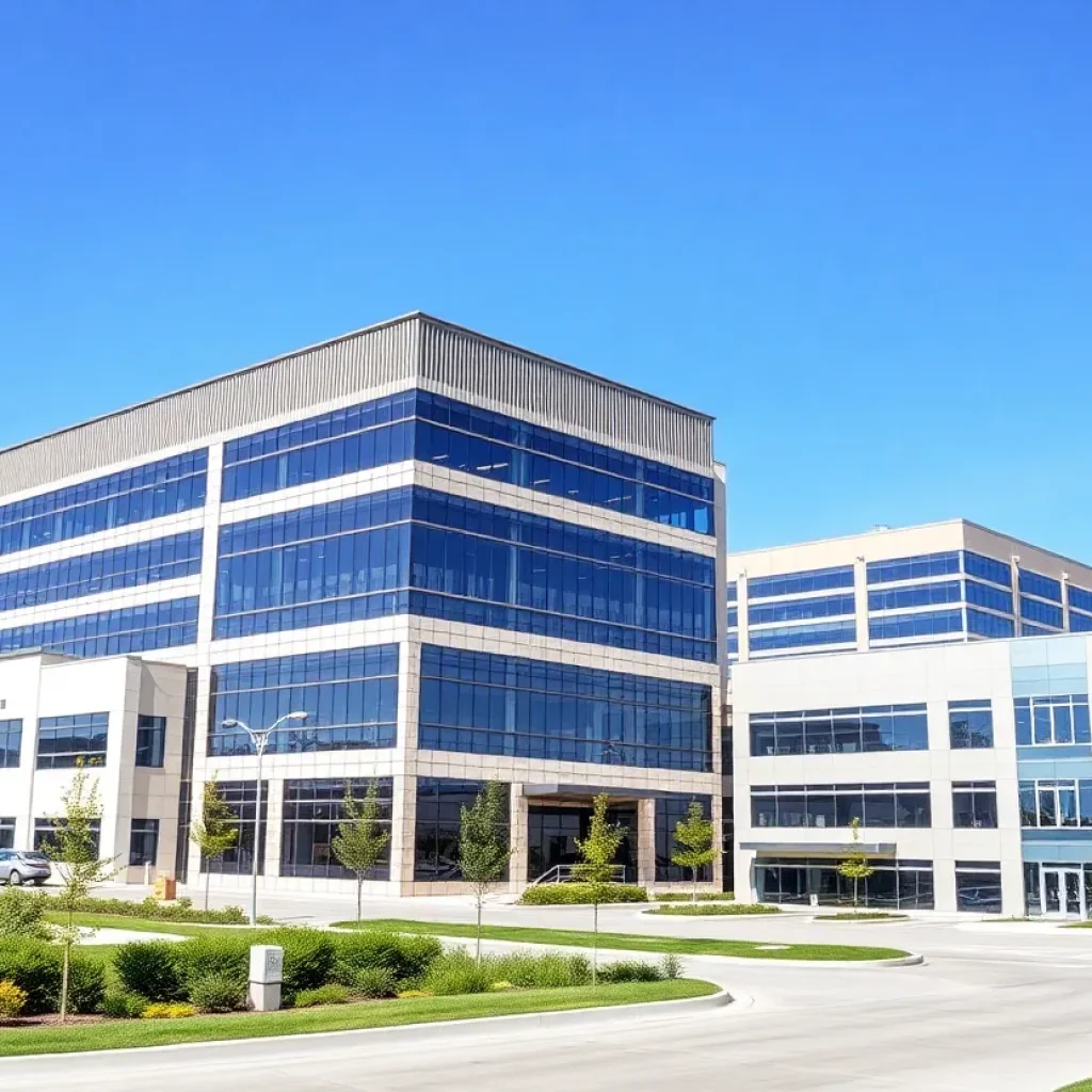 Exterior view of Spectrum Centre Business Park with multiple buildings.