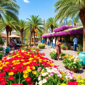 A lively outdoor garden show filled with colorful flowers and visitors enjoying the displays.