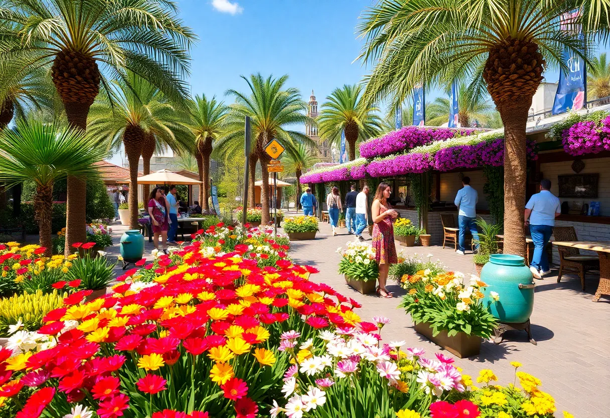 A lively outdoor garden show filled with colorful flowers and visitors enjoying the displays.