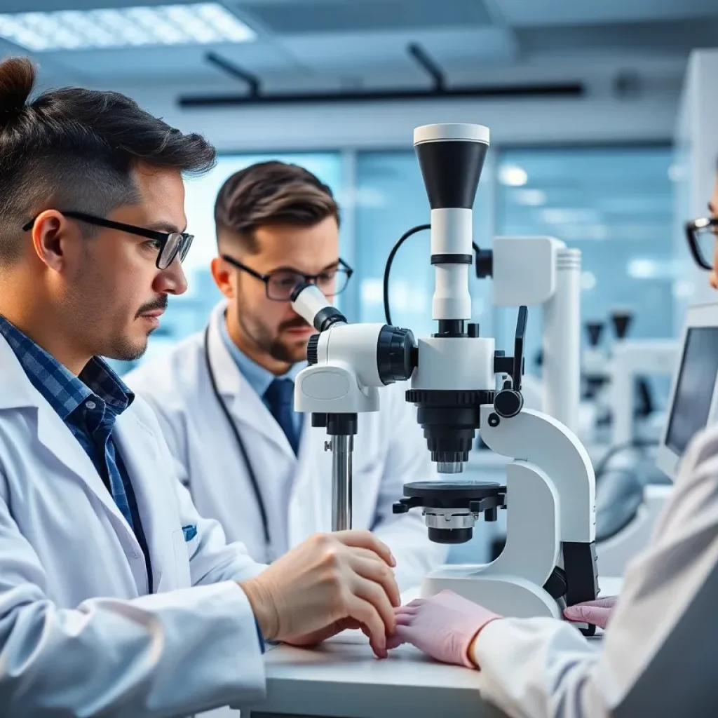 Scientists working on glaucoma treatment research at a laboratory