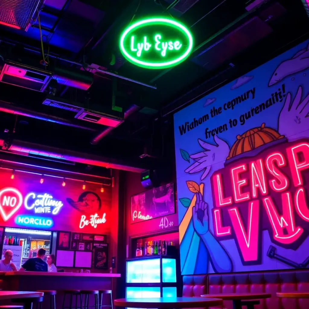 Interior view of Strut nightclub with colorful decorations and a large mural