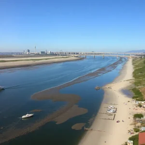 Polluted Tijuana River flowing into the Pacific Ocean