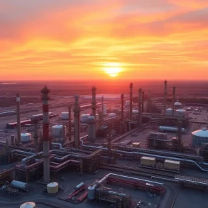Aerial view of Valero Energy refinery in Benicia at sunset
