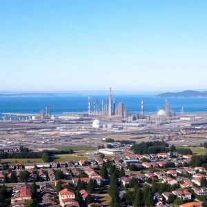 Valero refinery located in Benicia, California with the Carquinez Strait in the background.