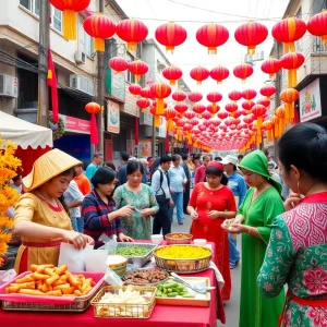 A lively Vietnamese festival filled with cultural decorations and traditional cuisine.