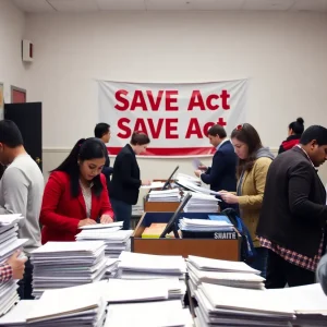 Voter registration office staff working on SAVE Act applications