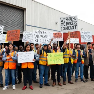 A diverse group of workers protesting for their rights outside a warehouse.