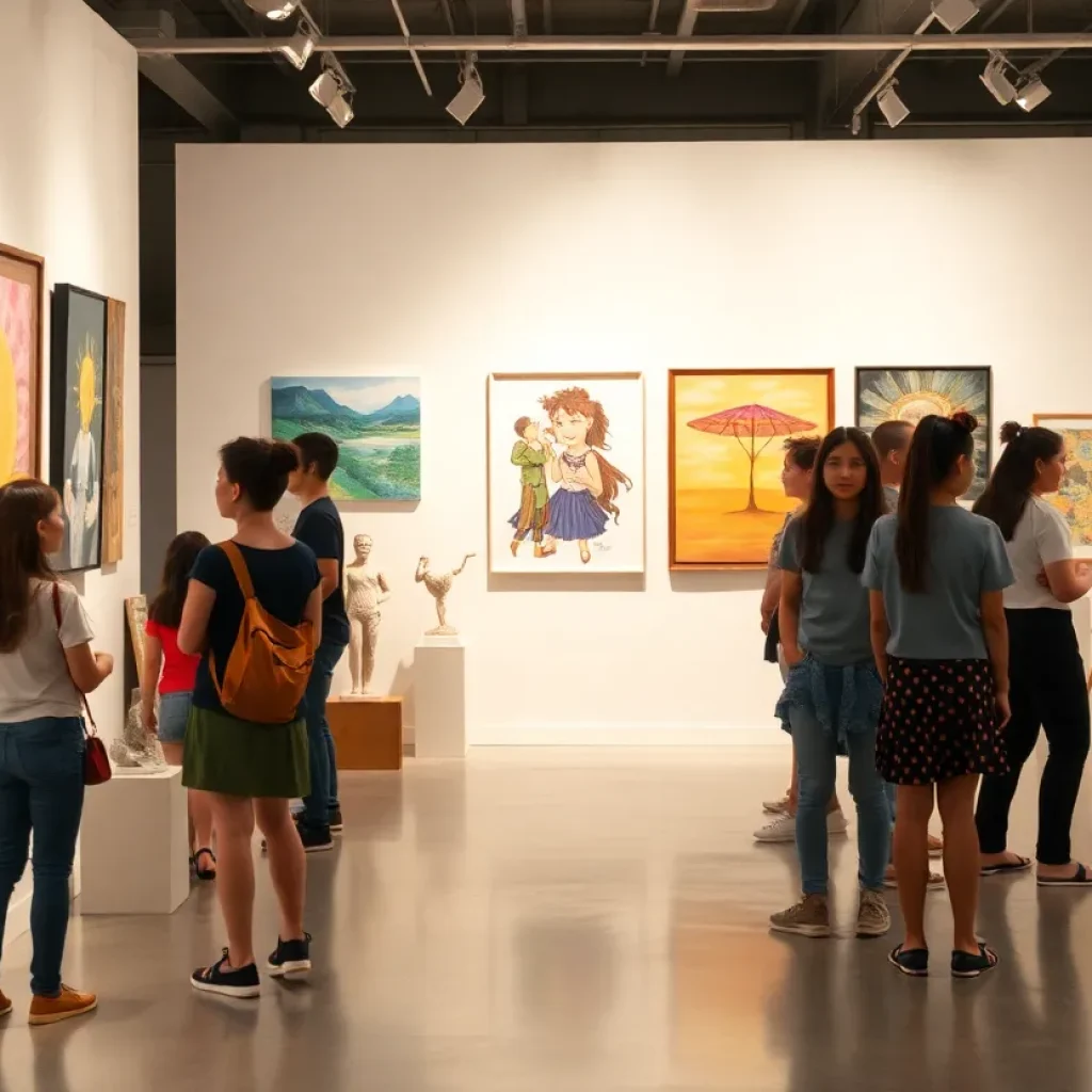 Art gallery display featuring works of young artists in Orange County.