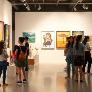 Art gallery display featuring works of young artists in Orange County.