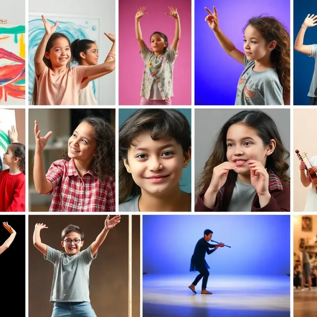 A collage of young artists engaging in various art forms