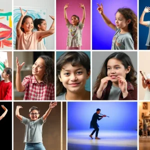 A collage of young artists engaging in various art forms