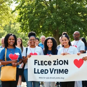 People at a community blood donation drive with banners and volunteers