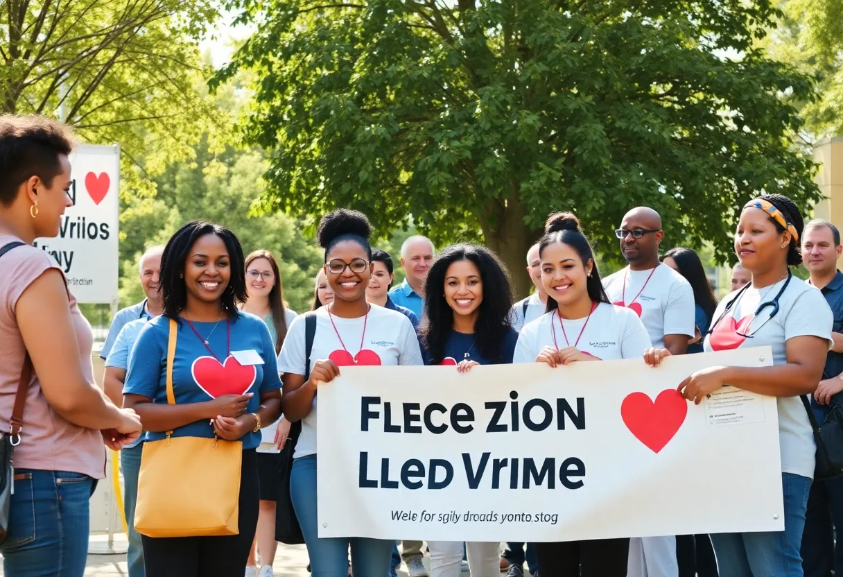 People at a community blood donation drive with banners and volunteers