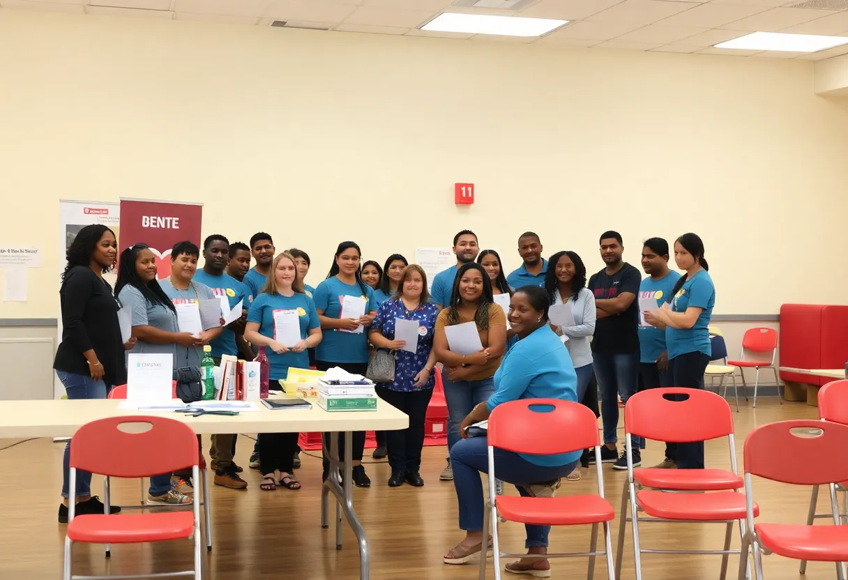 Volunteers setting up for a community blood donation drive