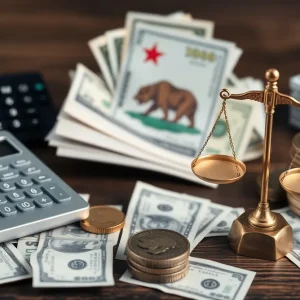 Illustration of California's budget challenges with financial symbols.
