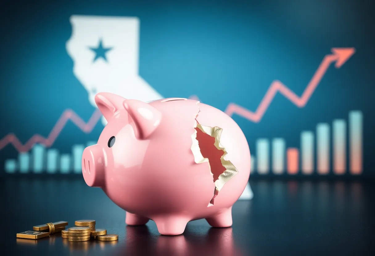 Visual representation of California's budget crisis with a broken piggy bank.