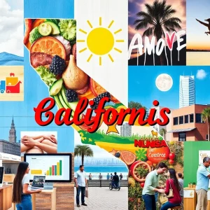 Collage representing California's business landscape with food, technology, and community aspects