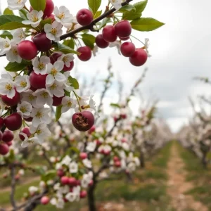 Cherry trees in a California orchard showing signs of variable fruit health.