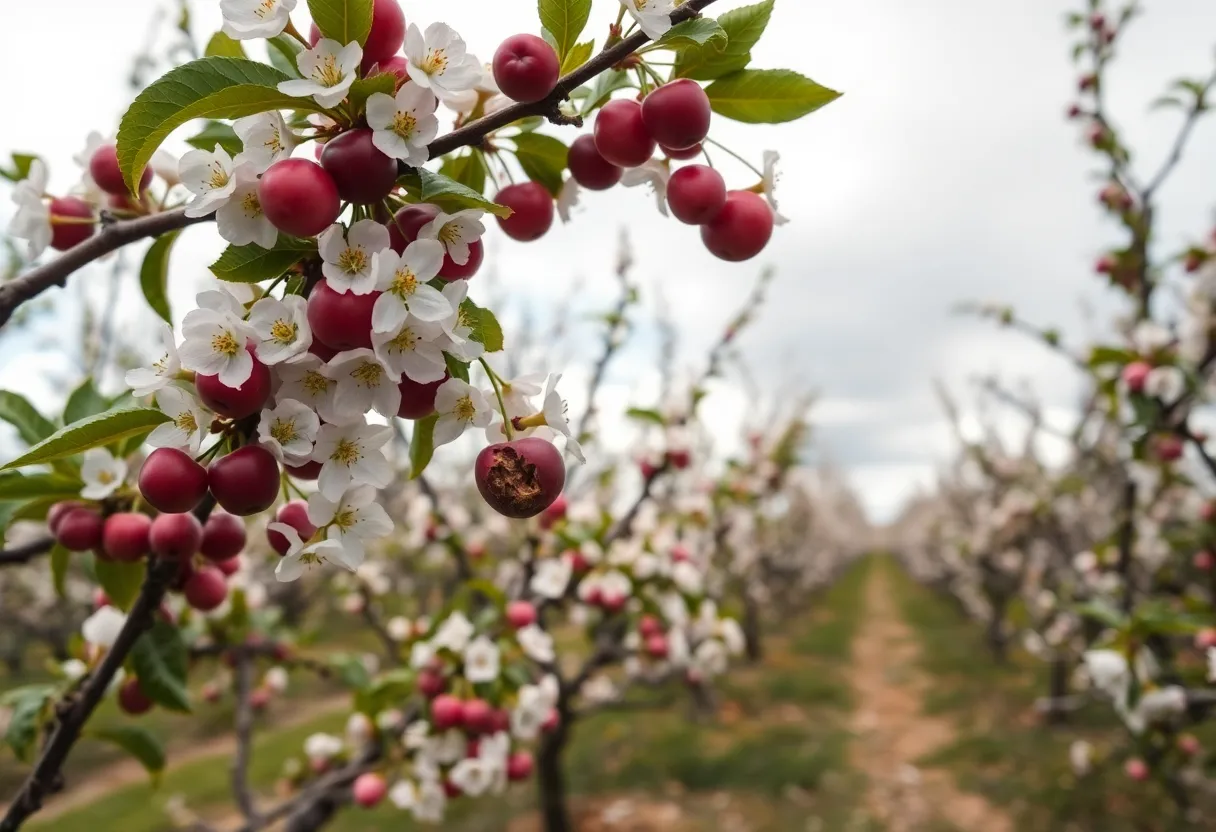 Cherry trees in a California orchard showing signs of variable fruit health.