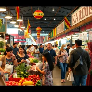 Diverse families shopping in a California market amidst trade symbols