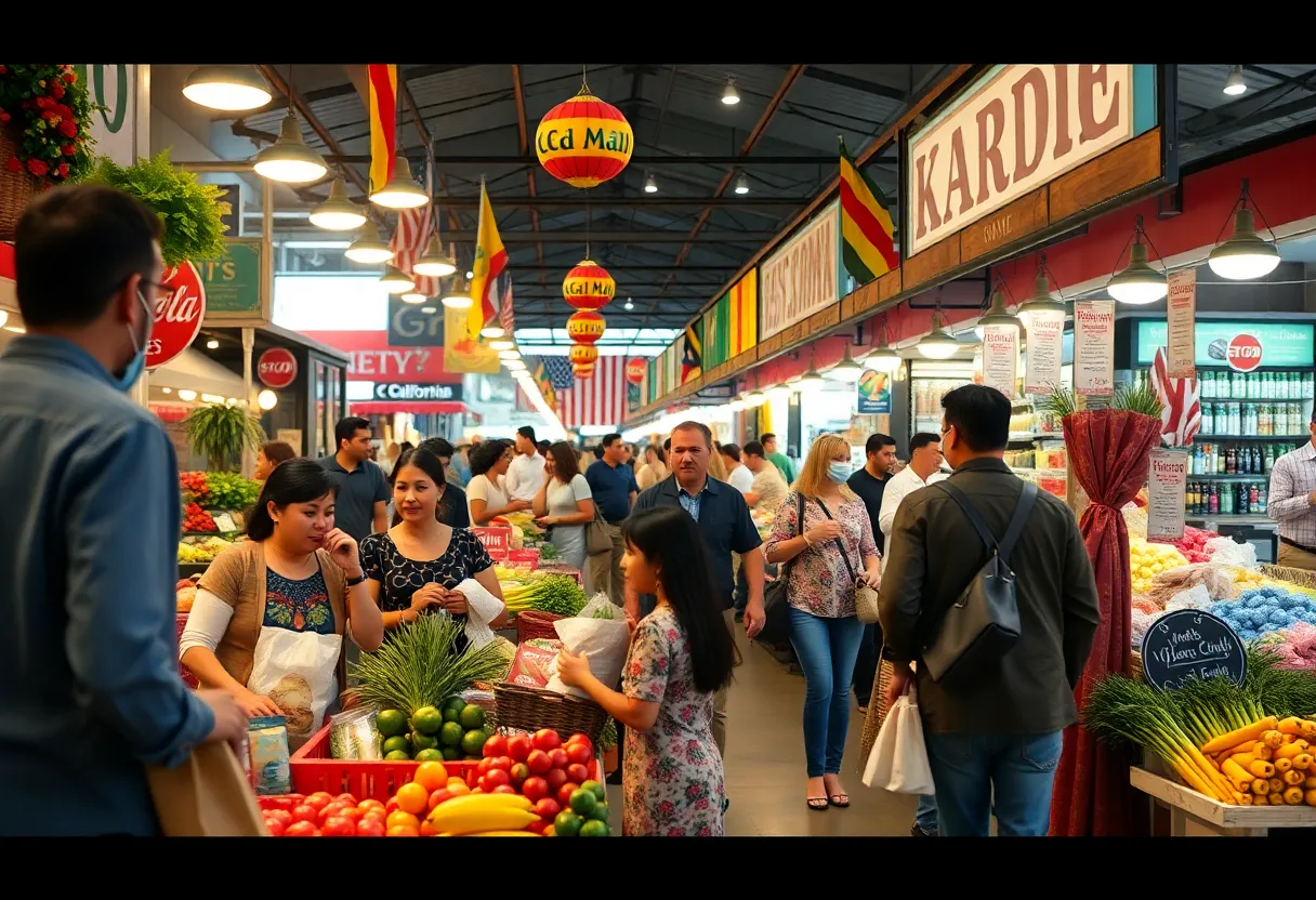 Diverse families shopping in a California market amidst trade symbols