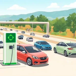 Electric vehicle charging station in California with various vehicles