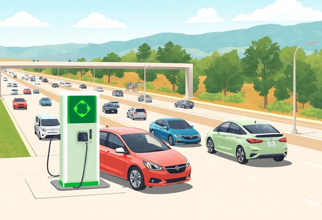 Electric vehicle charging station in California with various vehicles