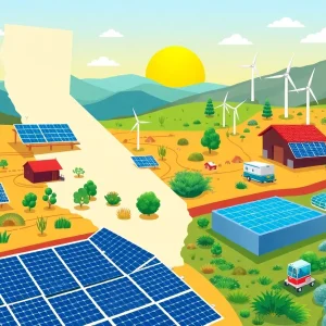 Illustration depicting renewable energy sources in California amidst budget cuts