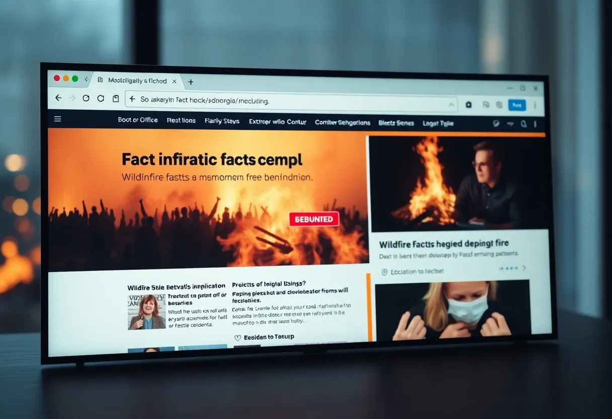 Illustration of a digital fact-checking website addressing misinformation related to wildfires.