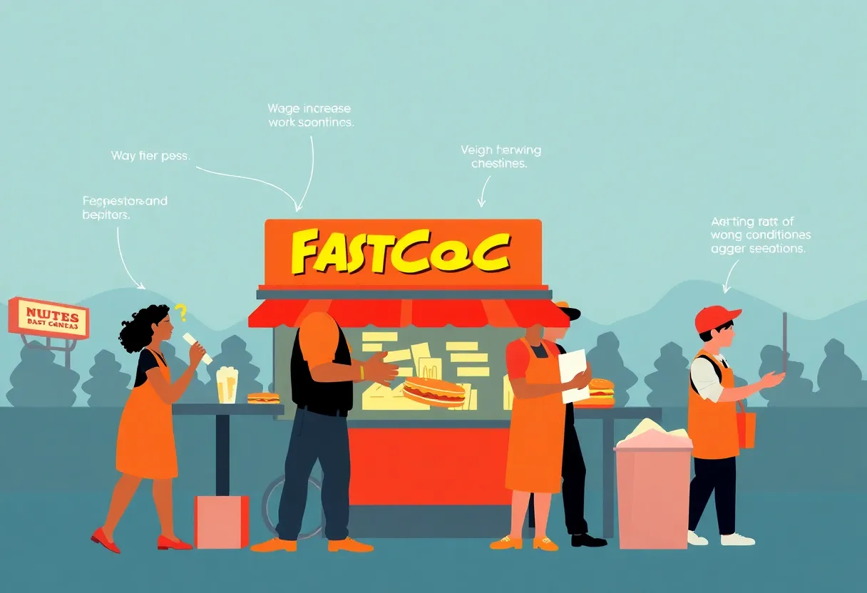 Illustration of fast food workers in California facing changes due to the FAST Act