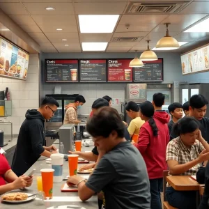 Employees serving customers at a California fast-food restaurant