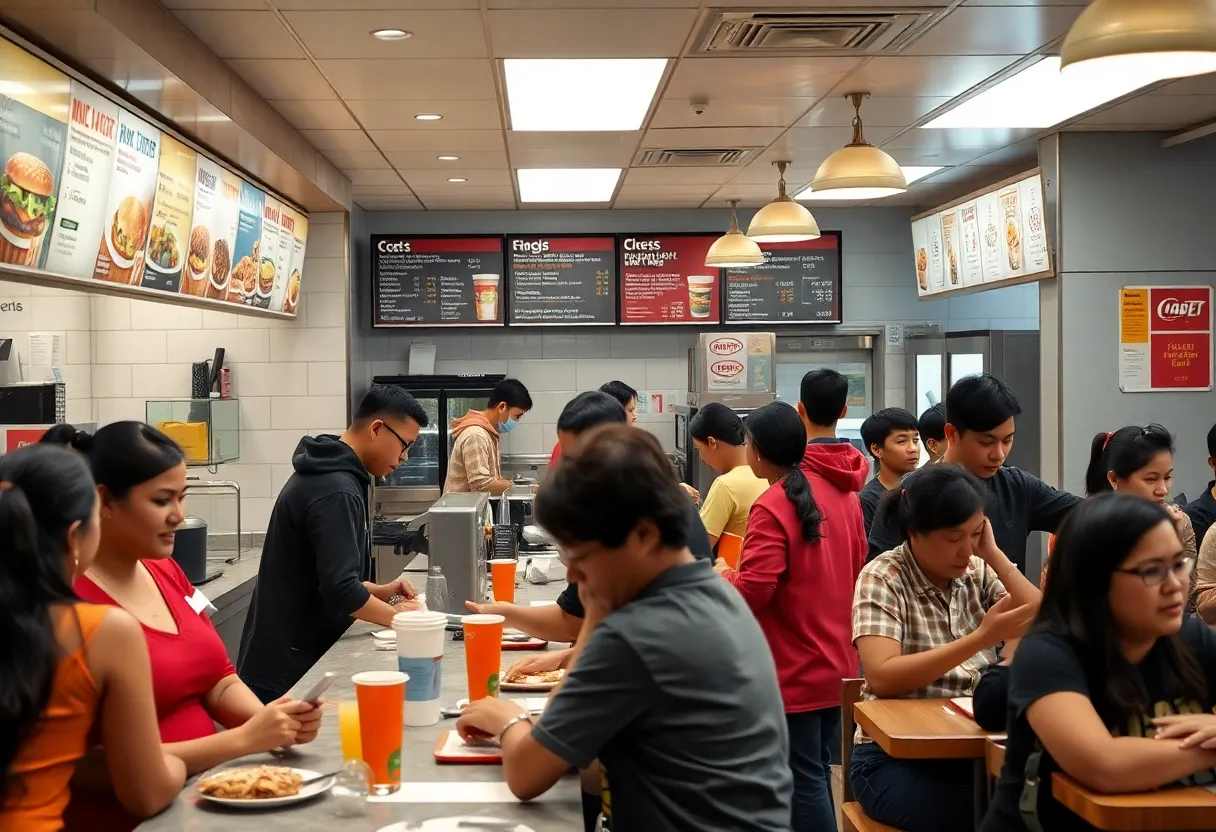 Employees serving customers at a California fast-food restaurant