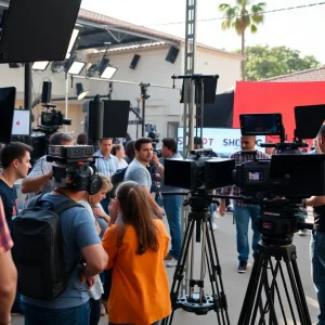 A bustling film production set in California with crew and equipment.