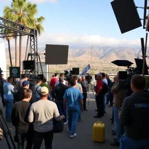 Film set in California with crew and equipment