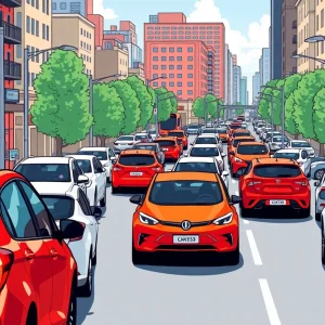 Illustration depicting electric and gasoline cars on California streets