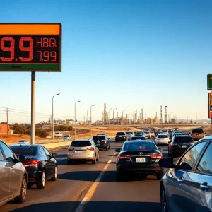 High gas prices displayed at a California gas station with cars lined up.