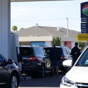 A busy gas station in California showing high prices on fuel pumps