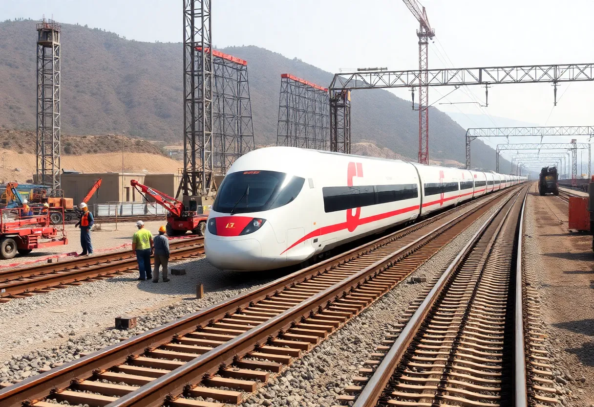 Construction site of the California high-speed rail project showing workers and machinery.