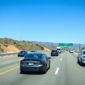 California highway showing a variety of vehicles including electric cars