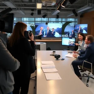Reporters working in a newsroom struggling with funding cuts.