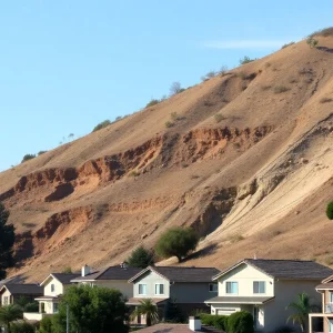 Hillside showing signs of erosion and potential landslide activity in California