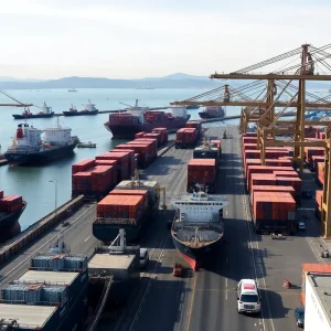 California port activity showing cargo ships and workers