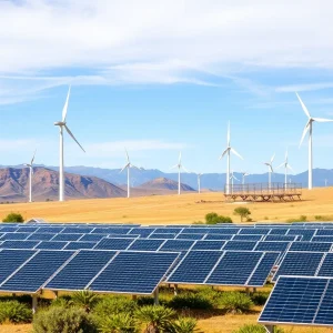 Renewable energy landscape in California with solar panels and wind turbines