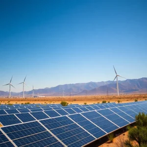 Solar panels and wind turbines in California with mountains in background