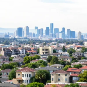 Skyline view of California urban city with residential buildings.