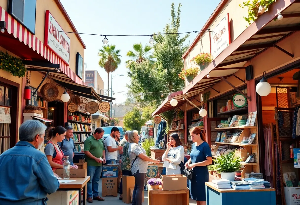 A bustling scene of various small businesses in California contributing to the economy.