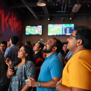 A lively sports betting venue in California with diverse spectators watching games.