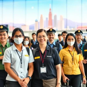 Hospitality workers at California airport emphasizing the tourism sector