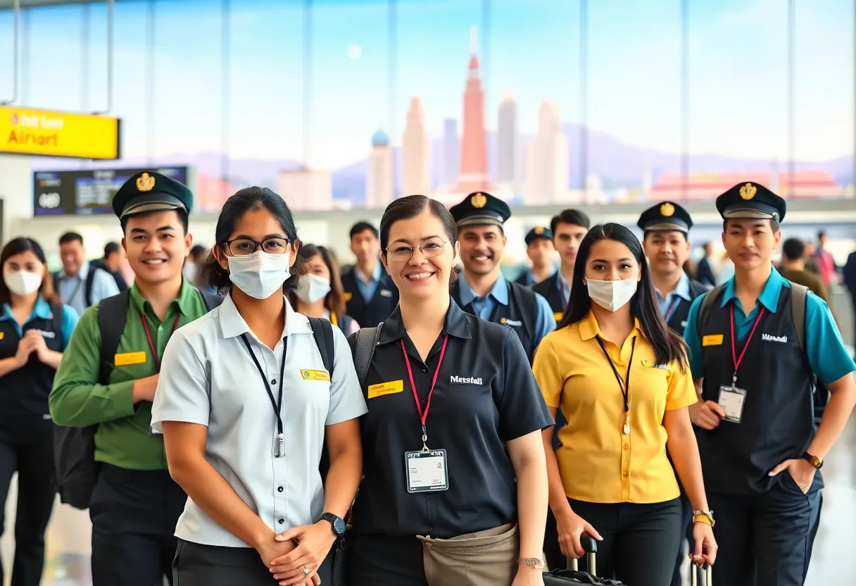 Hospitality workers at California airport emphasizing the tourism sector